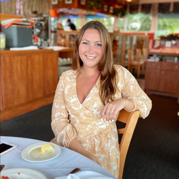 Long Sleeve Tan & White Printed Dress - Picture 7 of 9